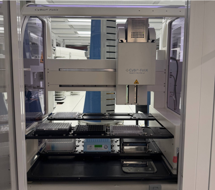The CyBio Felix liquid handler, loaded with plates and tip racks